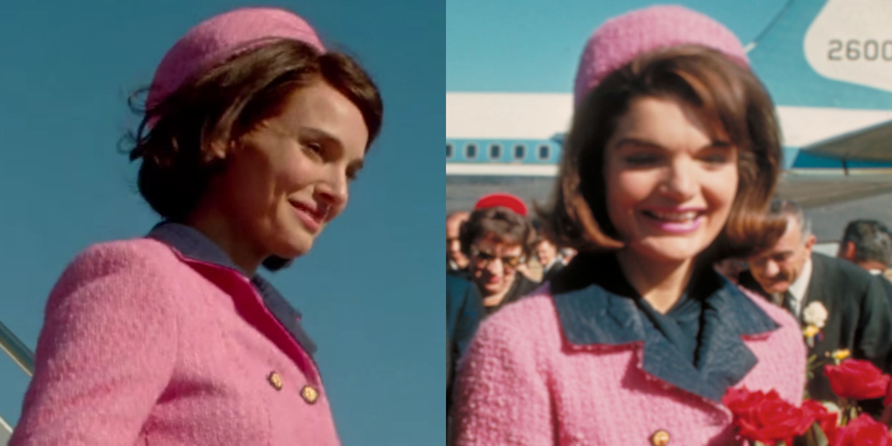 À esquerda: A atriz Natalie Portman caracterizada como a ex-primeira-dama americana em Jackie (2016). À direita: Jackie Kennedy recebendo flores de admiradores em um aeroporto.